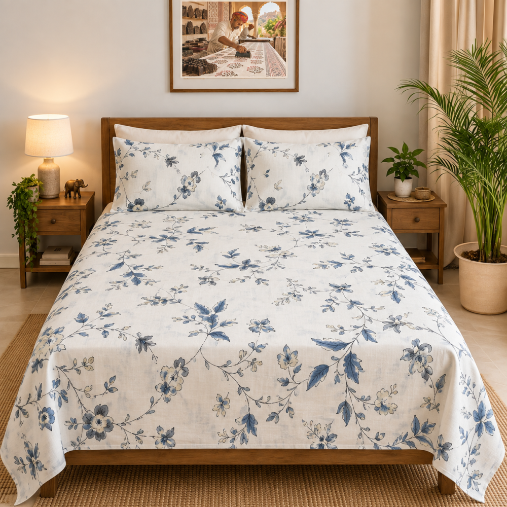 Serene Blue Botanical Cotton Bedsheet