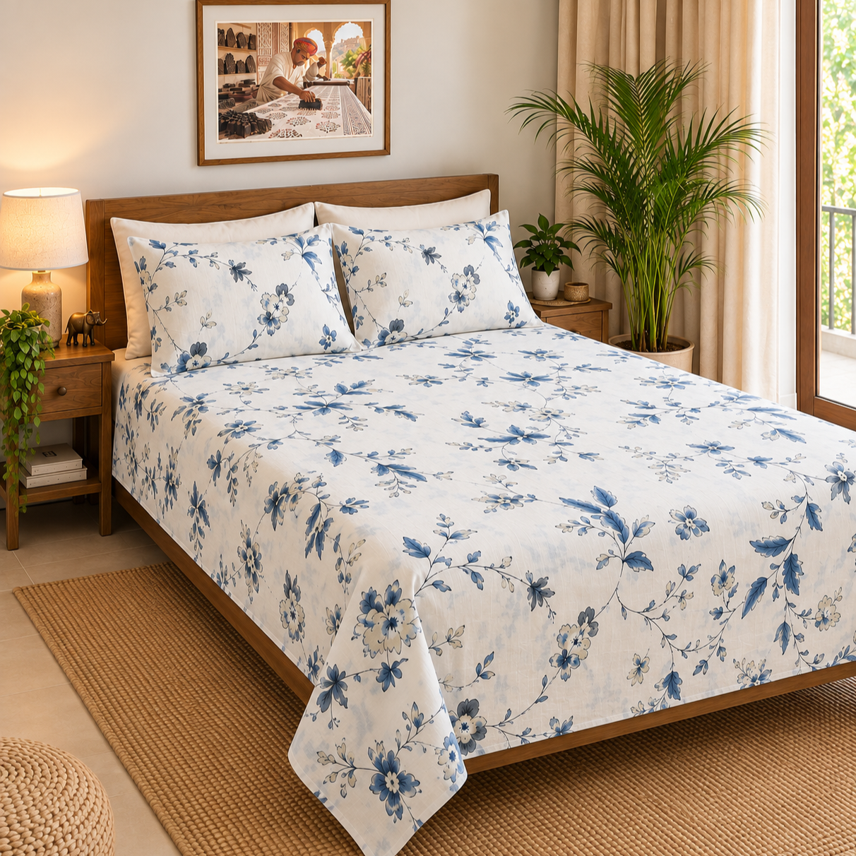 Serene Blue Botanical Cotton Bedsheet