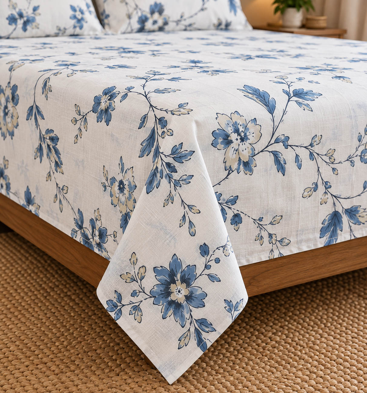Serene Blue Botanical Cotton Bedsheet