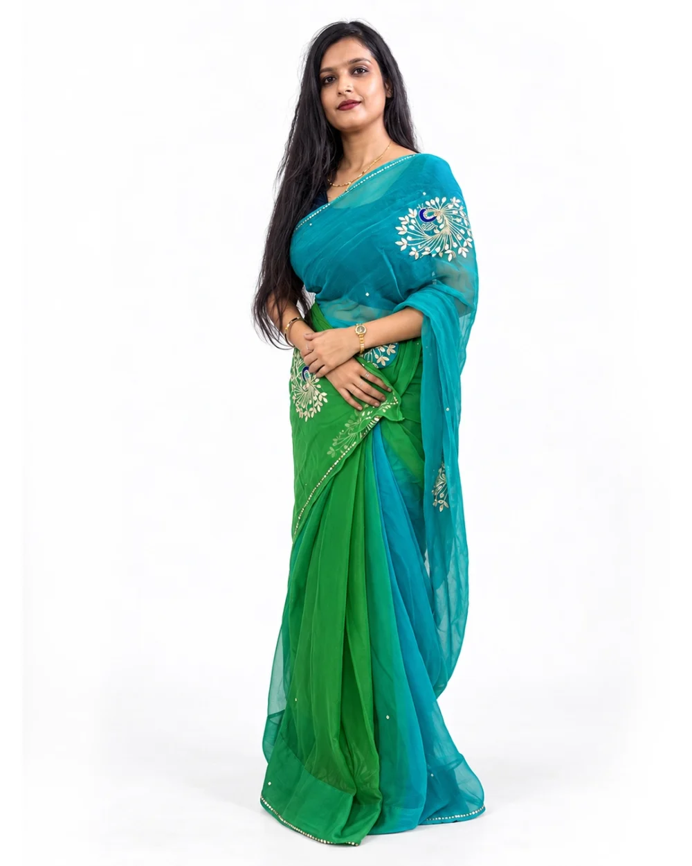 Peacock Elegance Teal Green Chiffon Saree