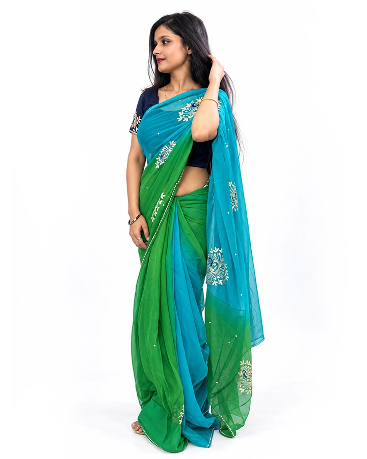 Peacock Elegance Teal Green Chiffon Saree