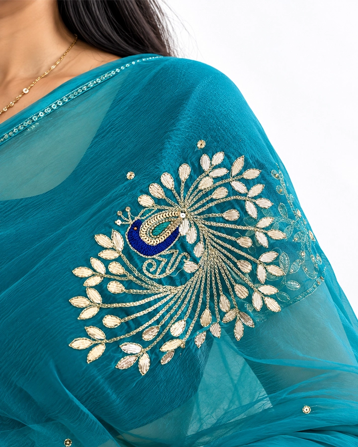 Peacock Elegance Teal Green Chiffon Saree