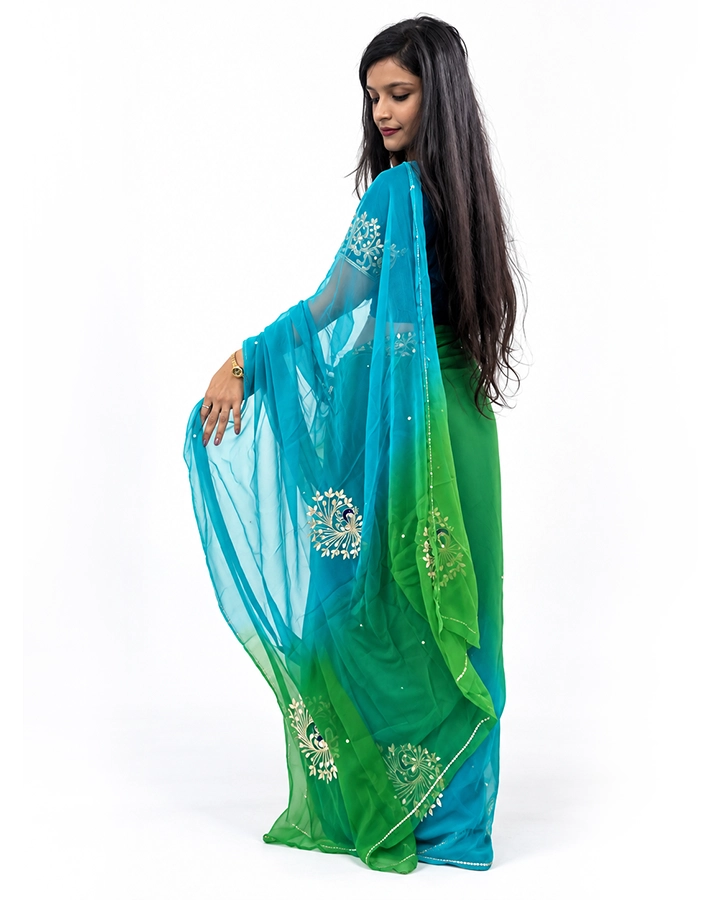 Peacock Elegance Teal Green Chiffon Saree
