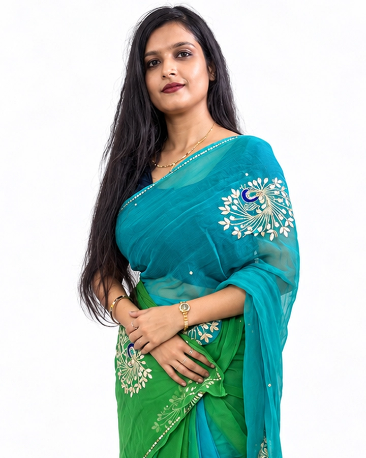 Peacock Elegance Teal Green Chiffon Saree
