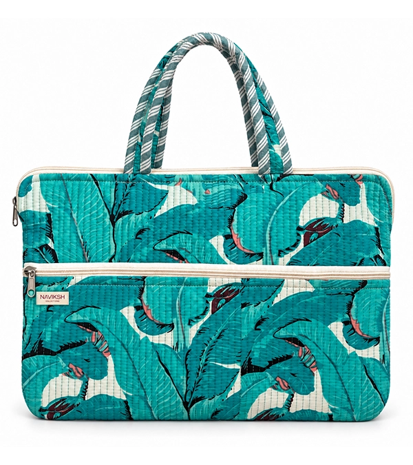 Teal Tropical Leaf Quilted Laptop Bag