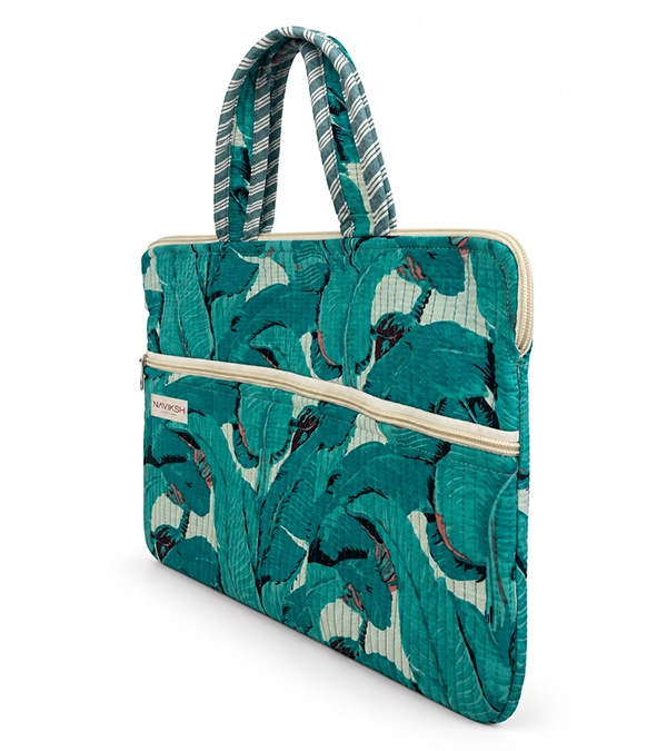 Teal Tropical Leaf Quilted Laptop Bag