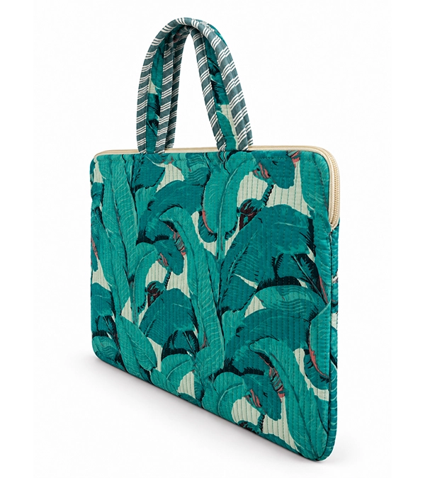 Teal Tropical Leaf Quilted Laptop Bag