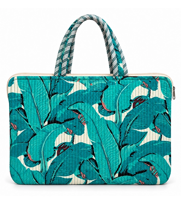 Teal Tropical Leaf Quilted Laptop Bag