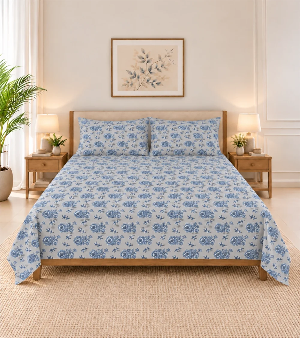 Vintage Floral Blue Bombay Dyeing Bedsheet